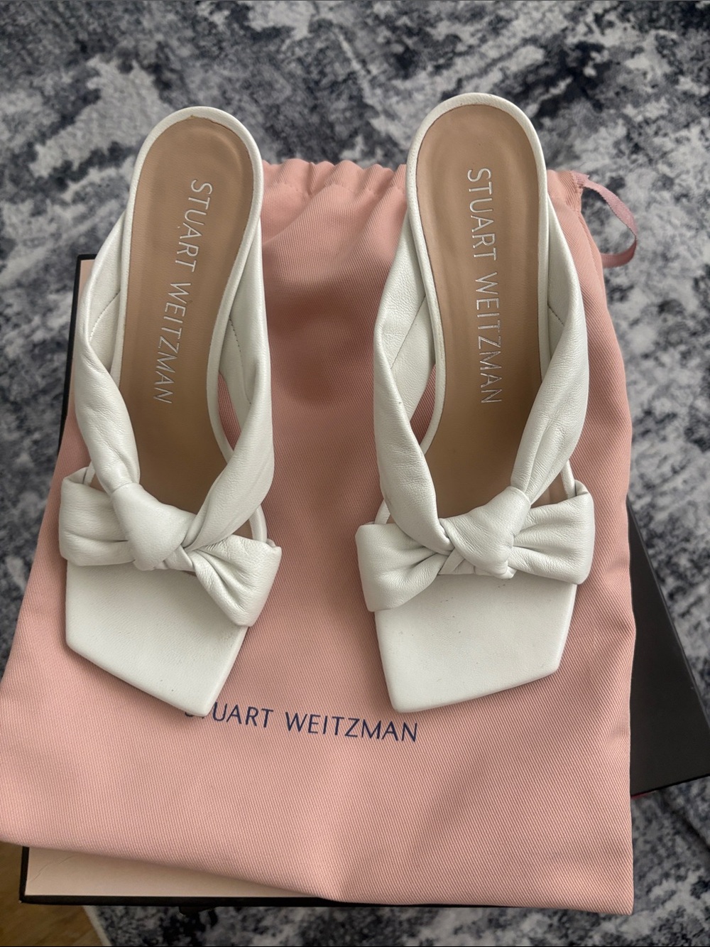 Stuart Weitzman White Knotted Leather Mules
